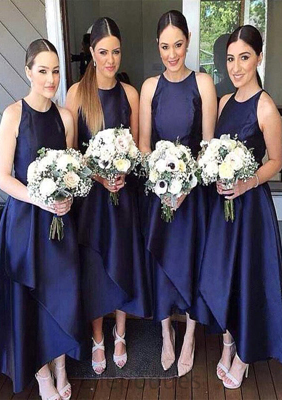 Scoop Neck Sleeveless Asymmetrical A-line/Princess Satin Bridesmaid Dresseses With Pleated Zaria HOP0025599