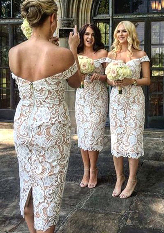 Sheath/Column Off-the-Shoulder Tea-Length Sheath/Column Lace Bridesmaid Dresseses With Split Braelyn HOP0025601