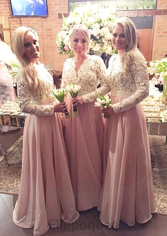 Full/Long Sleeve Scalloped Neck A-line/Princess Chiffon Long/Floor-Length Bridesmaid Dresseses With Beading Lace Zariah HOP0025602