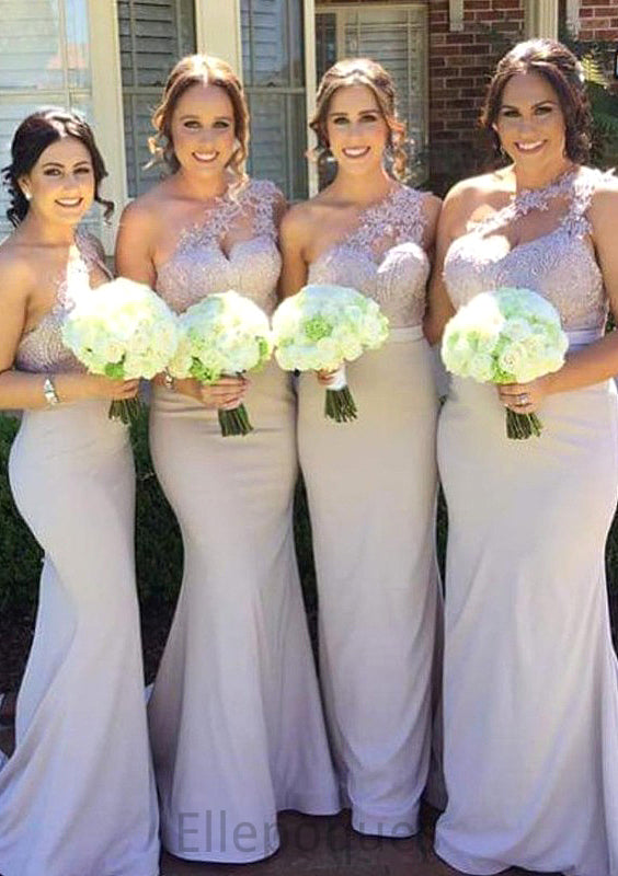 Sleeveless One-Shoulder Long/Floor-Length Trumpet/Mermaid Elastic Satin Bridesmaid Dresseses With Lace Everly HOP0025605