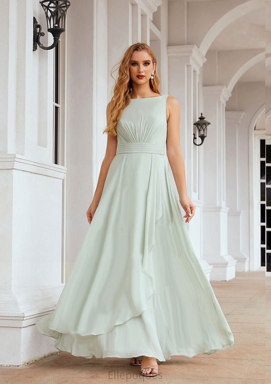 A-line Bateau Sleeveless Chiffon Long/Floor-Length Bridesmaid Dresses Ruffles Pleated Sam HOP0025608