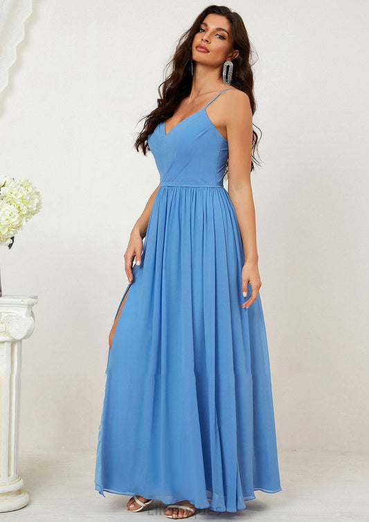 A-line V Neck Sleeveless Chiffon Long/Floor-Length Bridesmaid Dresses With Pleated Split Joanne HOP0025609