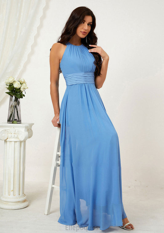 A-line Halter Sleeveless Chiffon Long/Floor-Length Bridesmaid Dresses With Pleated Armani HOP0025610