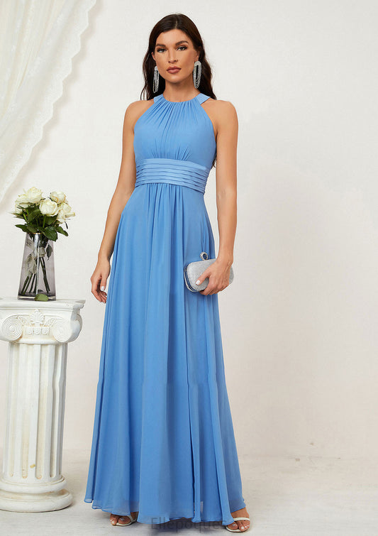 A-line Halter Sleeveless Chiffon Long/Floor-Length Bridesmaid Dresses With Pleated Armani HOP0025610