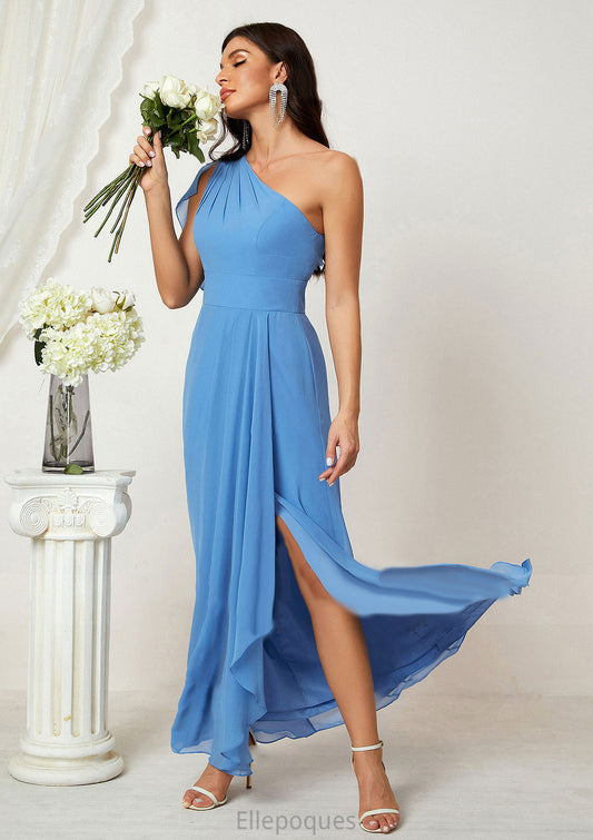 A-line One-Shoulder Sleeveless Chiffon Long/Floor-Length Bridesmaid Dresses With Pleated Split Mckinley HOP0025613