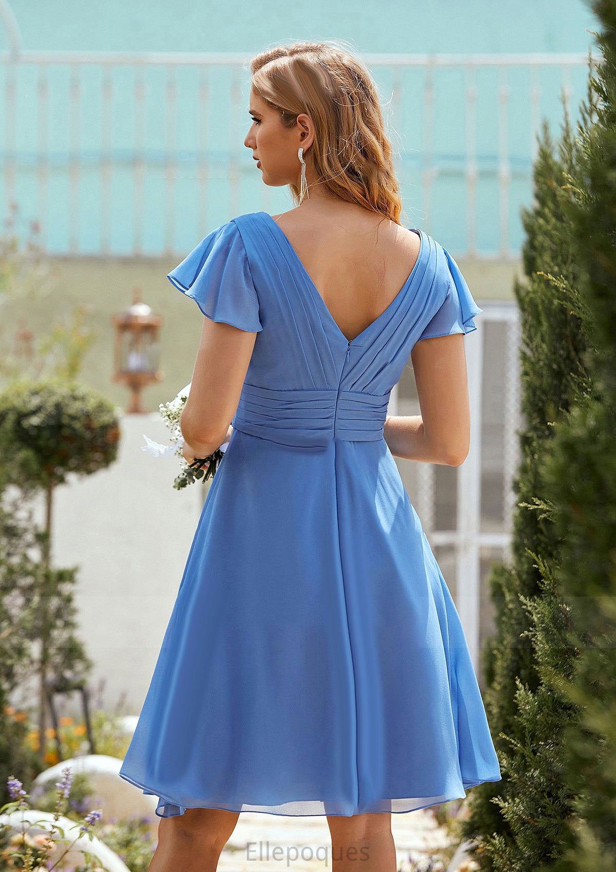 A-line V Neck Short Sleeve Chiffon Short/Mini Bridesmaid Dresses With Pleated Deja HOP0025614