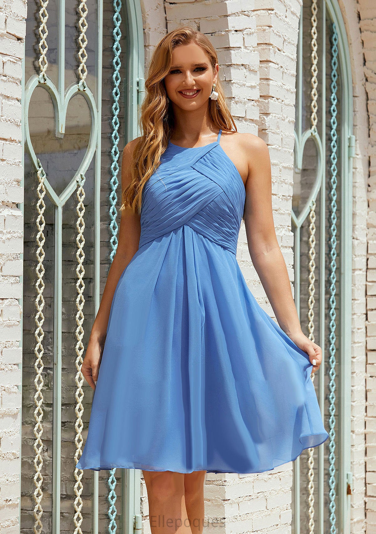 Empire A-line Halter Chiffon Short/Mini Bridesmaid Dresses With Pleated Shaniya HOP0025615