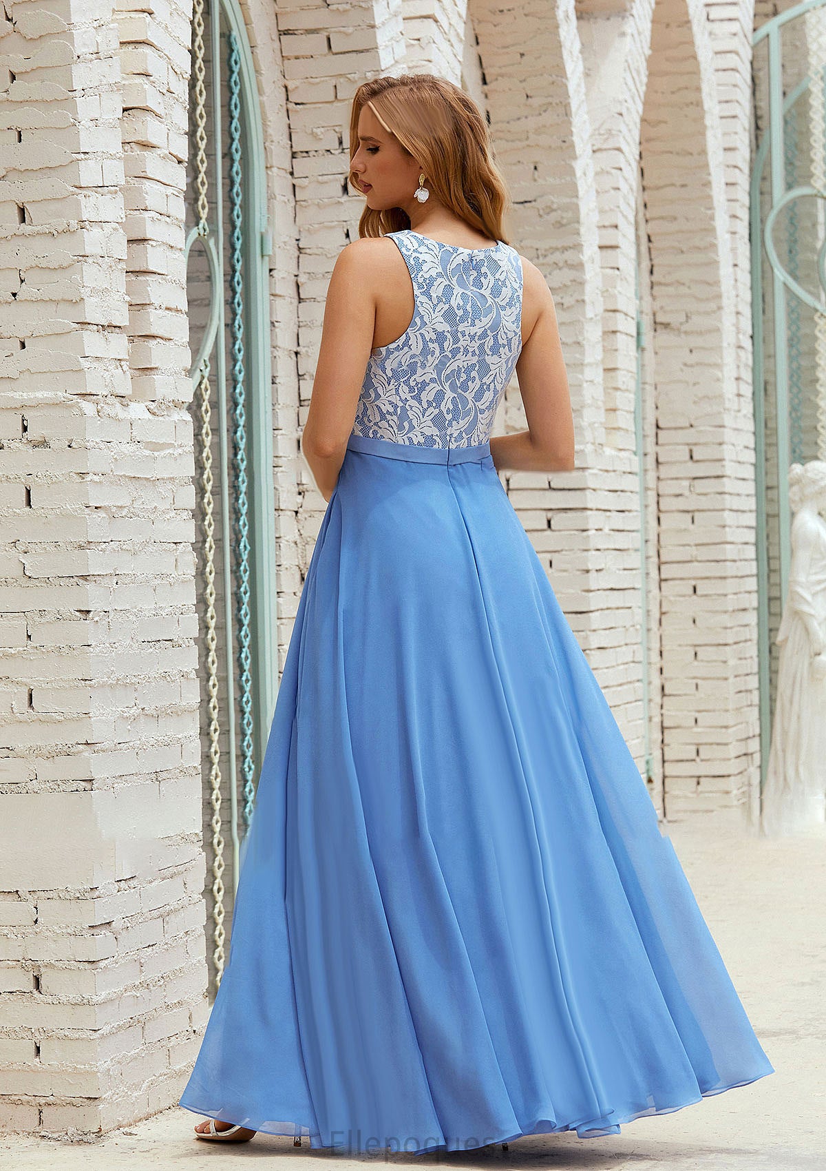 A-line Scoop Neck Sleeveless Chiffon Long/Floor-Length Bridesmaid Dresses With Pockets Lace Mariyah HOP0025616