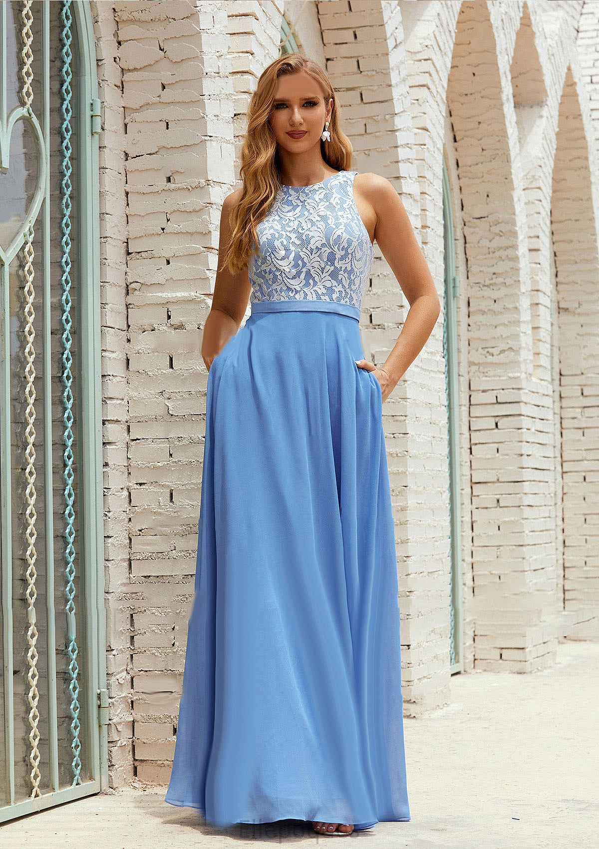 A-line Scoop Neck Sleeveless Chiffon Long/Floor-Length Bridesmaid Dresses With Pockets Lace Mariyah HOP0025616