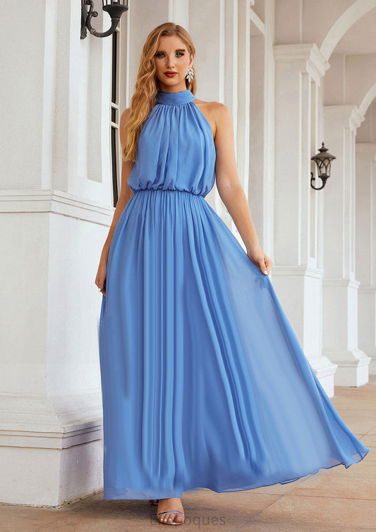 A-line Empire High-Neck Sleeveless Chiffon Long/Floor-Length Bridesmaid Dresses With Pleated Mya HOP0025619