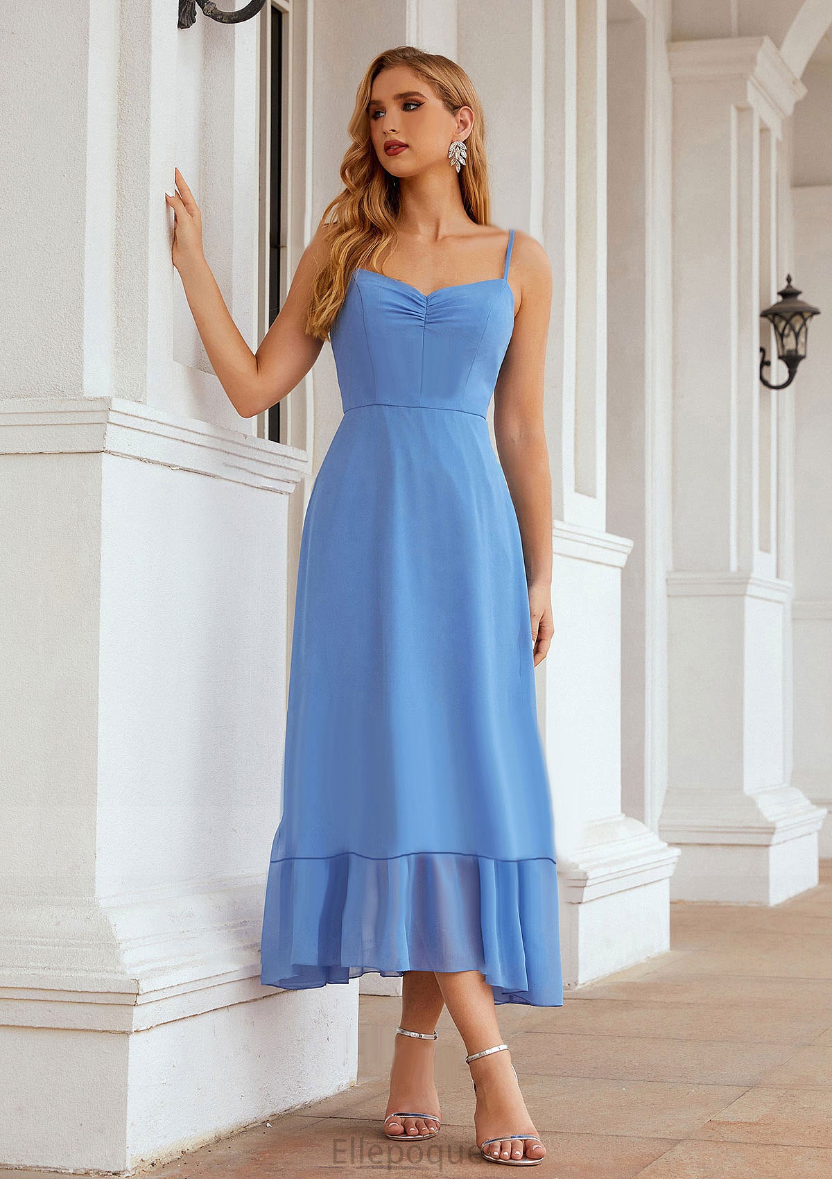 A-line Sweetheart Sleeveless Chiffon Tea-Length Bridesmaid Dresses With Pleated Savanna HOP0025620