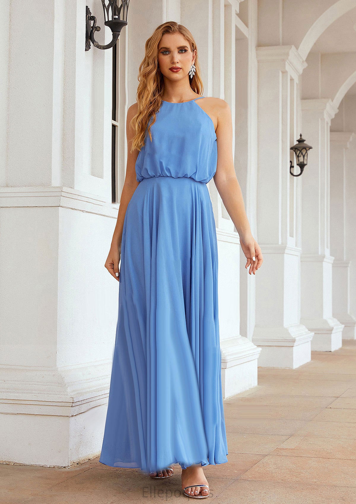 A-line Halter Sleeveless Chiffon Long/Floor-Length Bridesmaid Dresses With Pleated Thirza HOP0025621