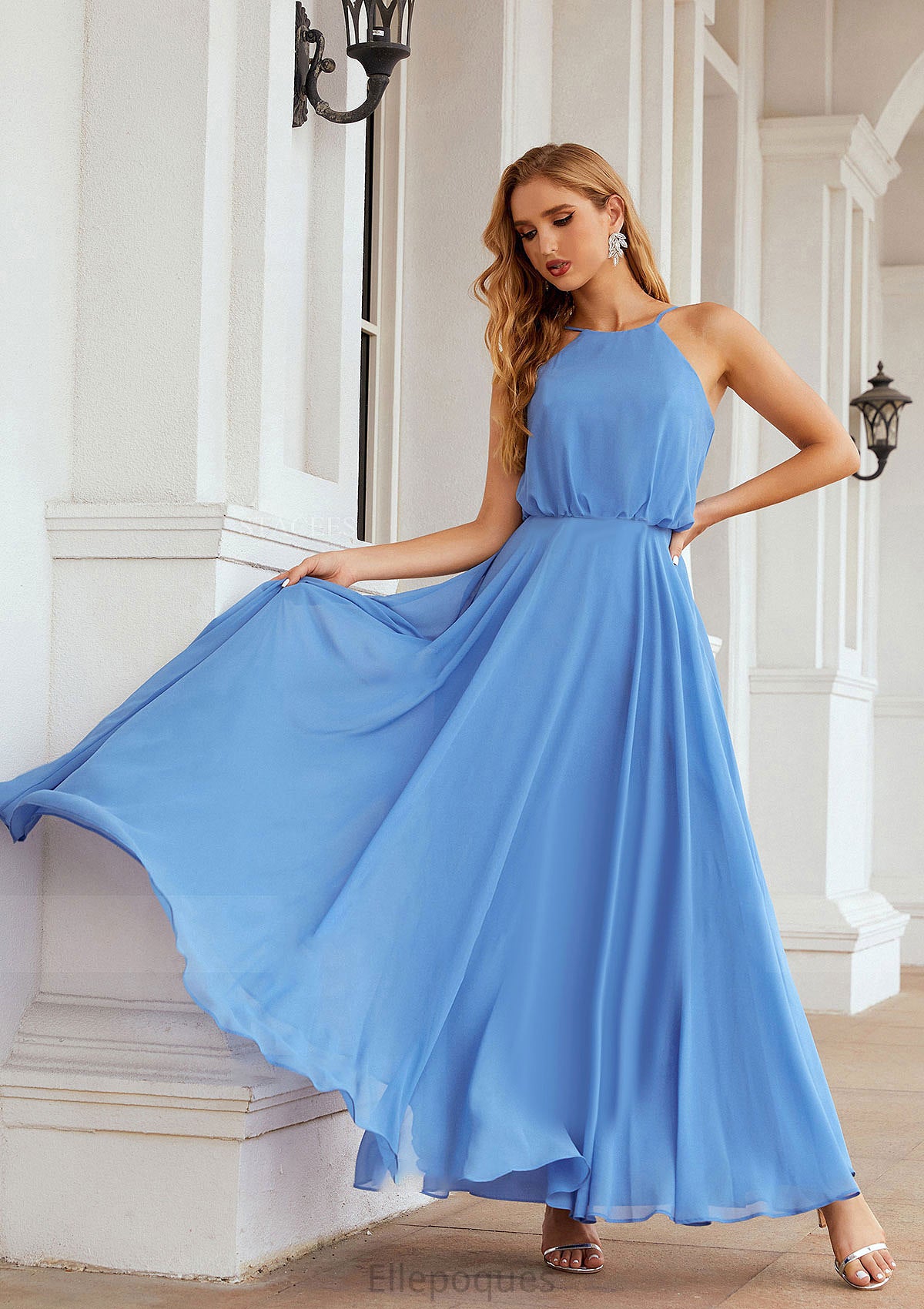 A-line Halter Sleeveless Chiffon Long/Floor-Length Bridesmaid Dresses With Pleated Thirza HOP0025621