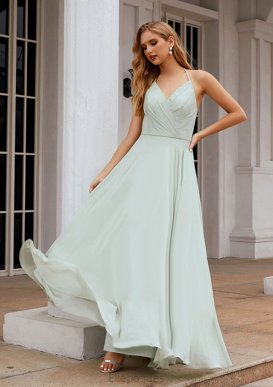 A-line Halter Sleeveless Chiffon Long/Floor-Length Bridesmaid Dresses With Pleated Ruffles Annalise HOP0025623