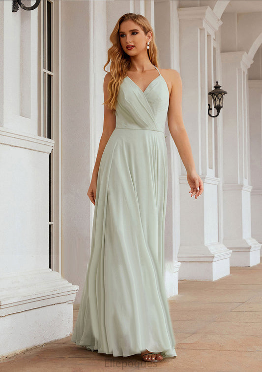 A-line Halter Sleeveless Chiffon Long/Floor-Length Bridesmaid Dresses With Pleated Ruffles Annalise HOP0025623