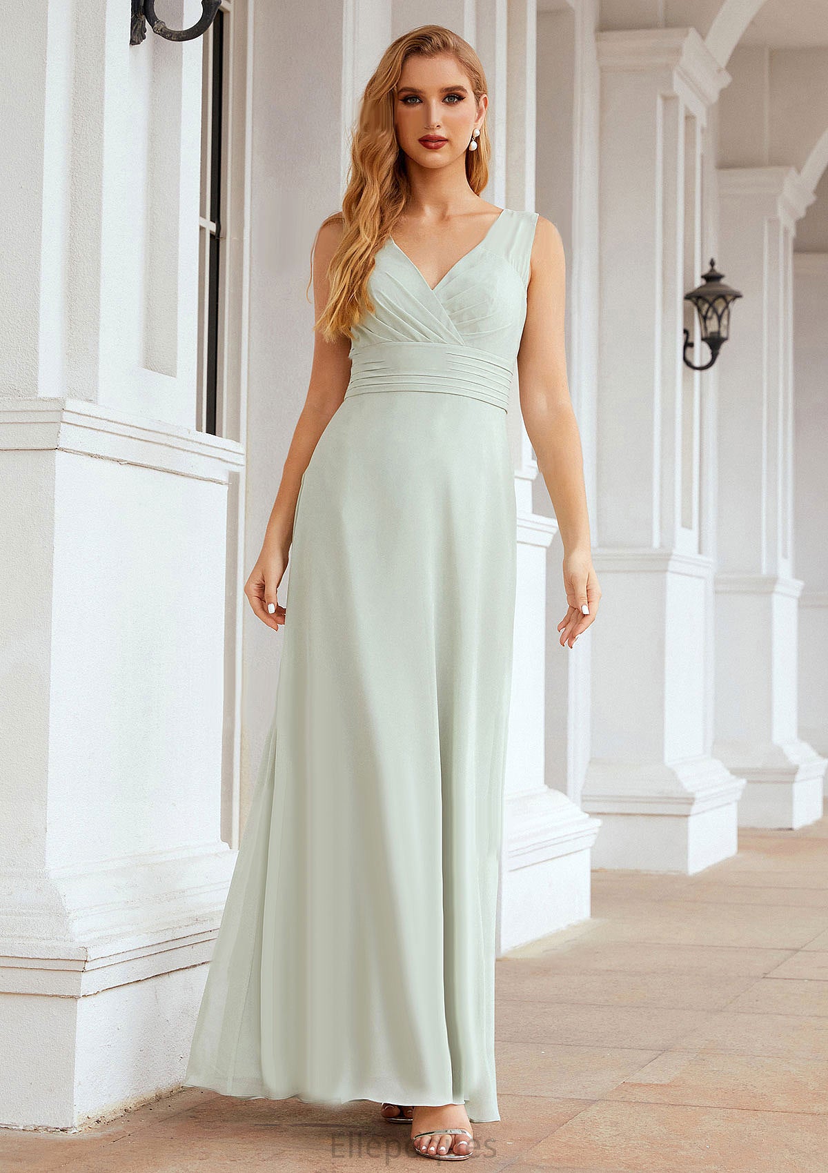 A-line V Neck Long/Floor-Length Chiffon Bridesmaid Dresses With Pleated Paige HOP0025625