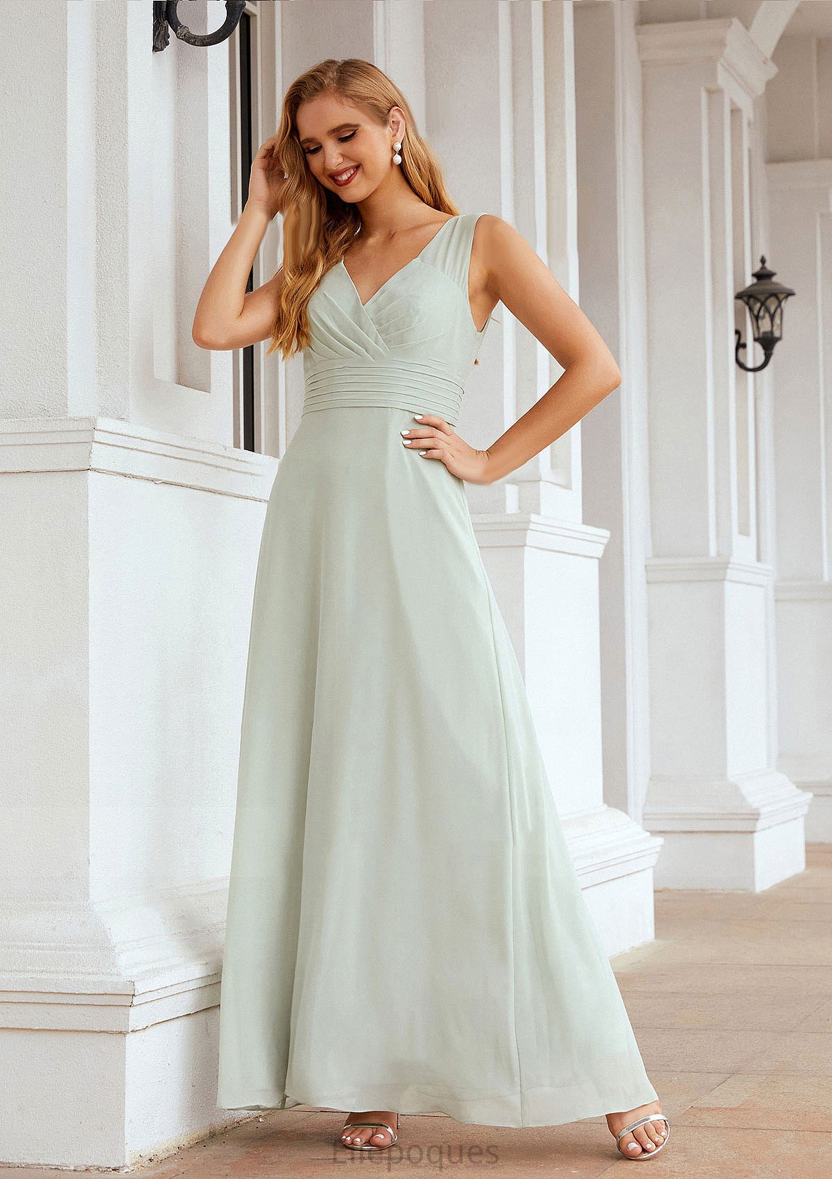 A-line V Neck Long/Floor-Length Chiffon Bridesmaid Dresses With Pleated Paige HOP0025625