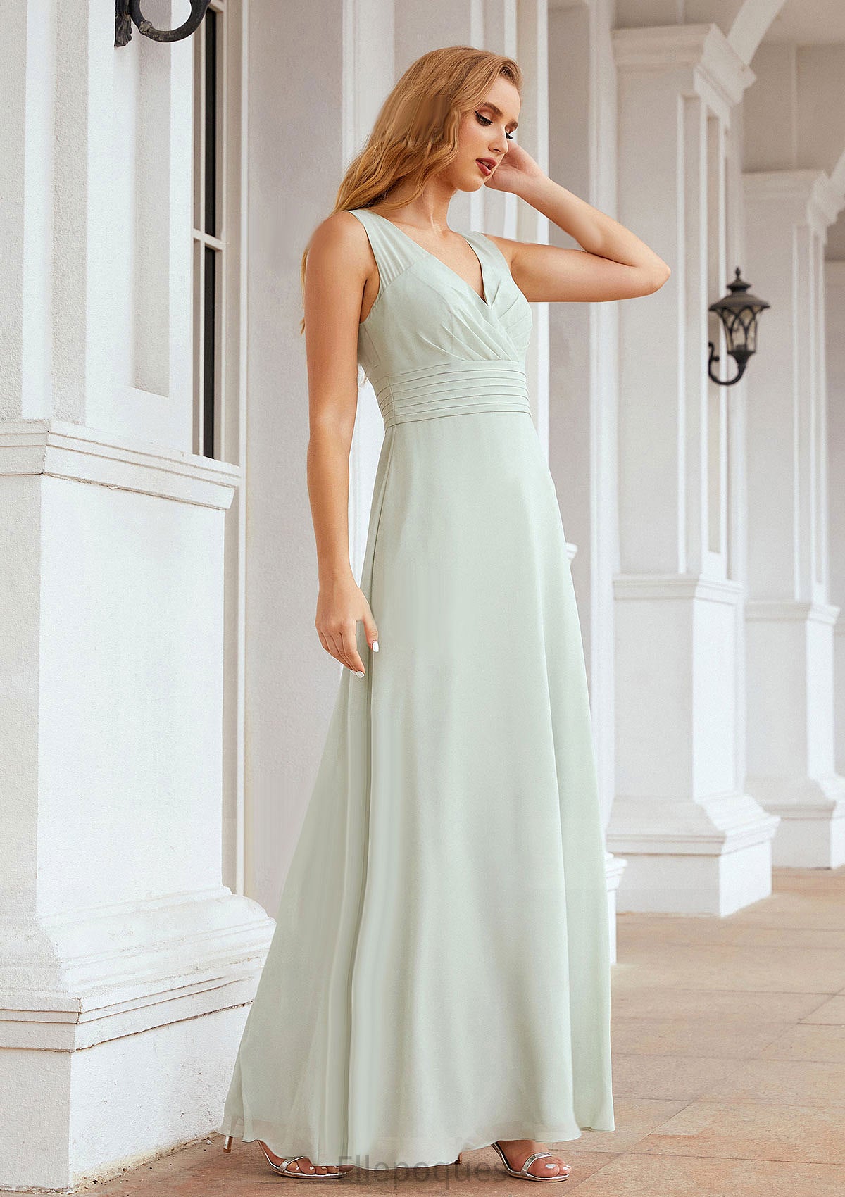 A-line V Neck Long/Floor-Length Chiffon Bridesmaid Dresses With Pleated Paige HOP0025625