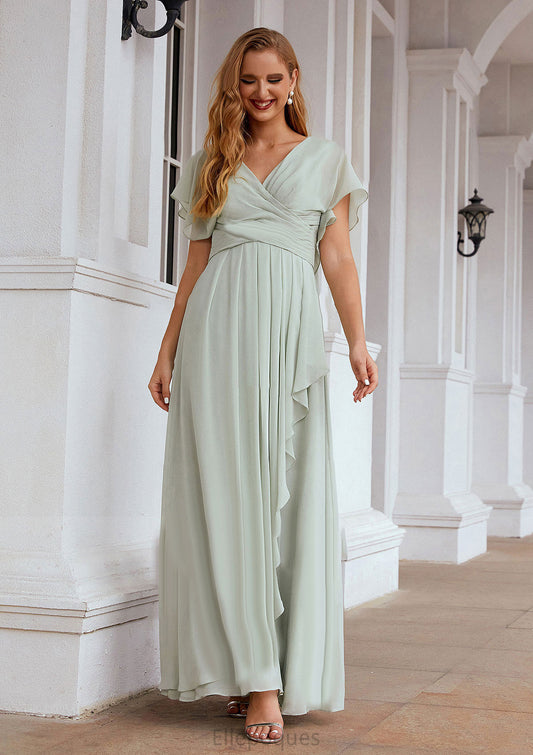 A-line V Neck Short Sleeve Chiffon Long/Floor-Length Bridesmaid Dresses With Pleated Ruffles Madeline HOP0025626