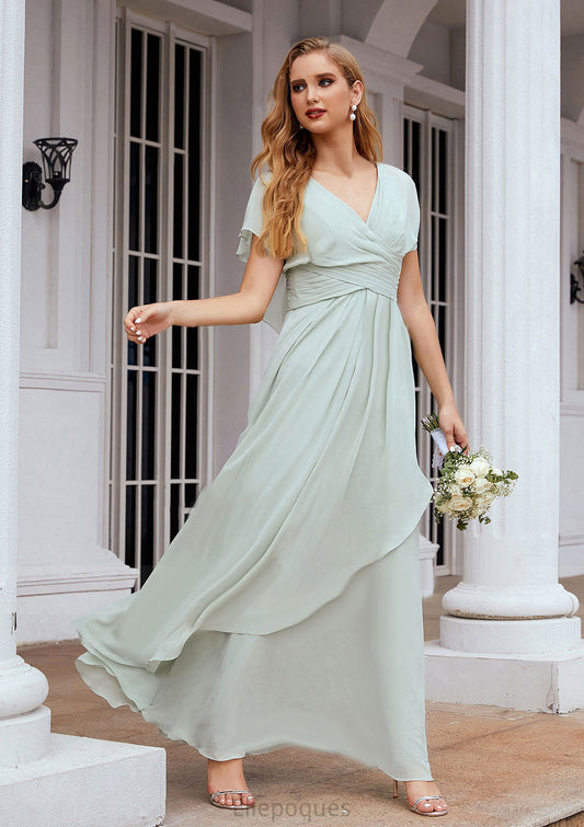 A-line V Neck Short Sleeve Chiffon Long/Floor-Length Bridesmaid Dresses With Pleated Ruffles Madeline HOP0025626