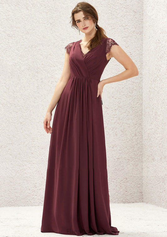 A-line V Neck Sleeveless Chiffon Long/Floor-Length Bridesmaid Dresses With Pleated Lace Lorena HOP0025627