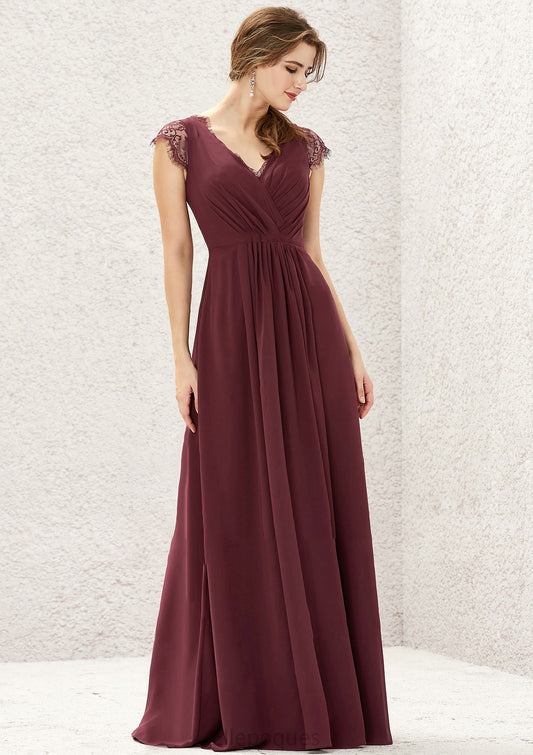 A-line V Neck Sleeveless Chiffon Long/Floor-Length Bridesmaid Dresses With Pleated Lace Lorena HOP0025627