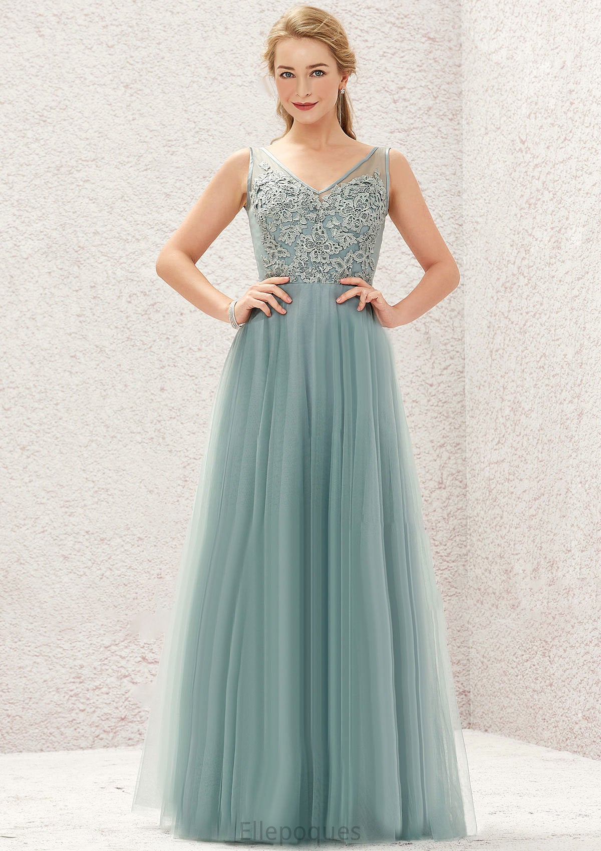 A-line V Neck Sleeveless Tulle Long/Floor-Length Bridesmaid Dresses With Lace Alena HOP0025628