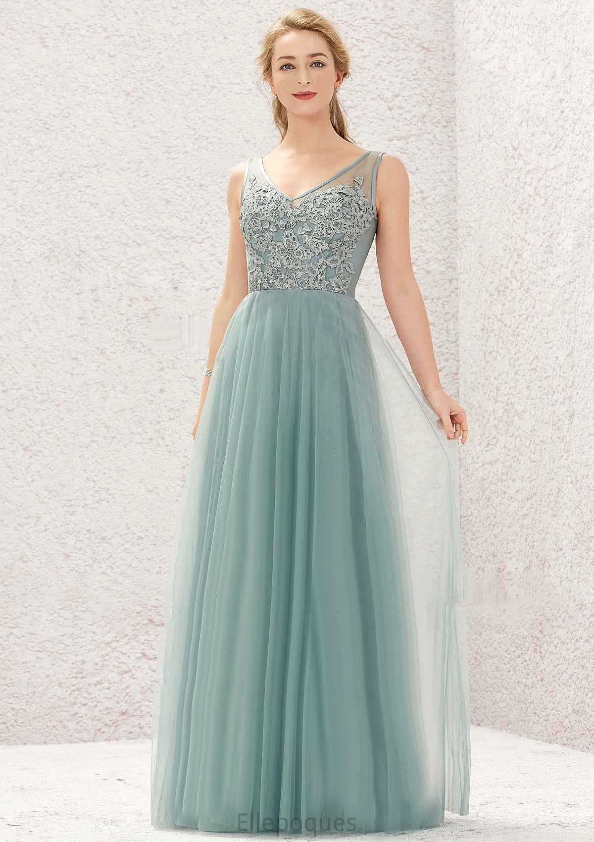 A-line V Neck Sleeveless Tulle Long/Floor-Length Bridesmaid Dresses With Lace Alena HOP0025628