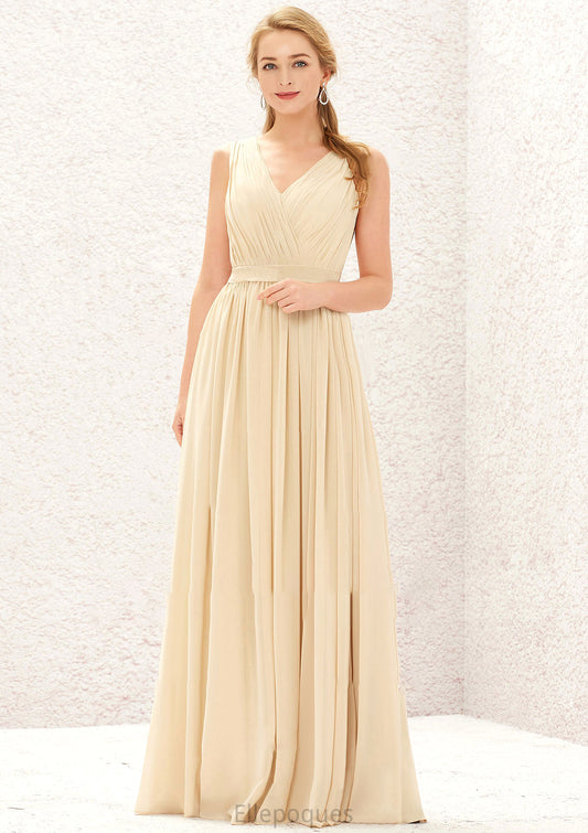 A-line V Neck Sleeveless Chiffon Long/Floor-Length Bridesmaid Dresses With Appliqued Sashes Pleated Anahi HOP0025630