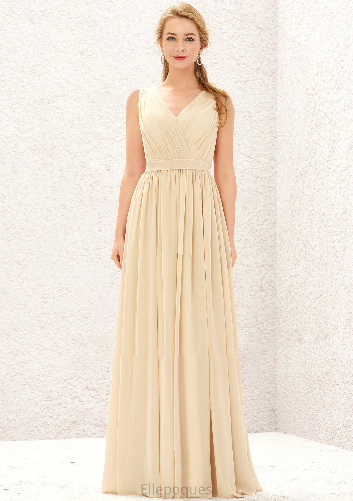 A-line V Neck Sleeveless Chiffon Long/Floor-Length Bridesmaid Dresses With Appliqued Sashes Pleated Anahi HOP0025630