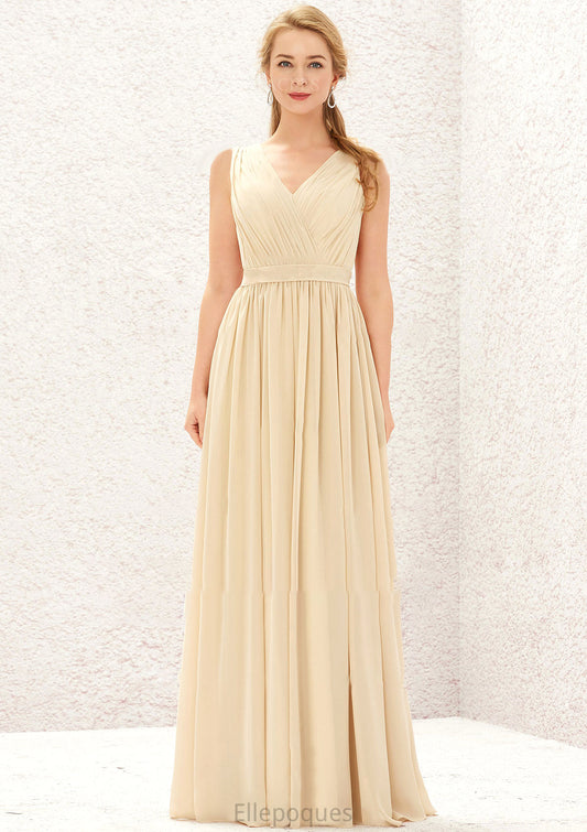 A-line V Neck Sleeveless Chiffon Long/Floor-Length Bridesmaid Dresses With Appliqued Sashes Pleated Anahi HOP0025630