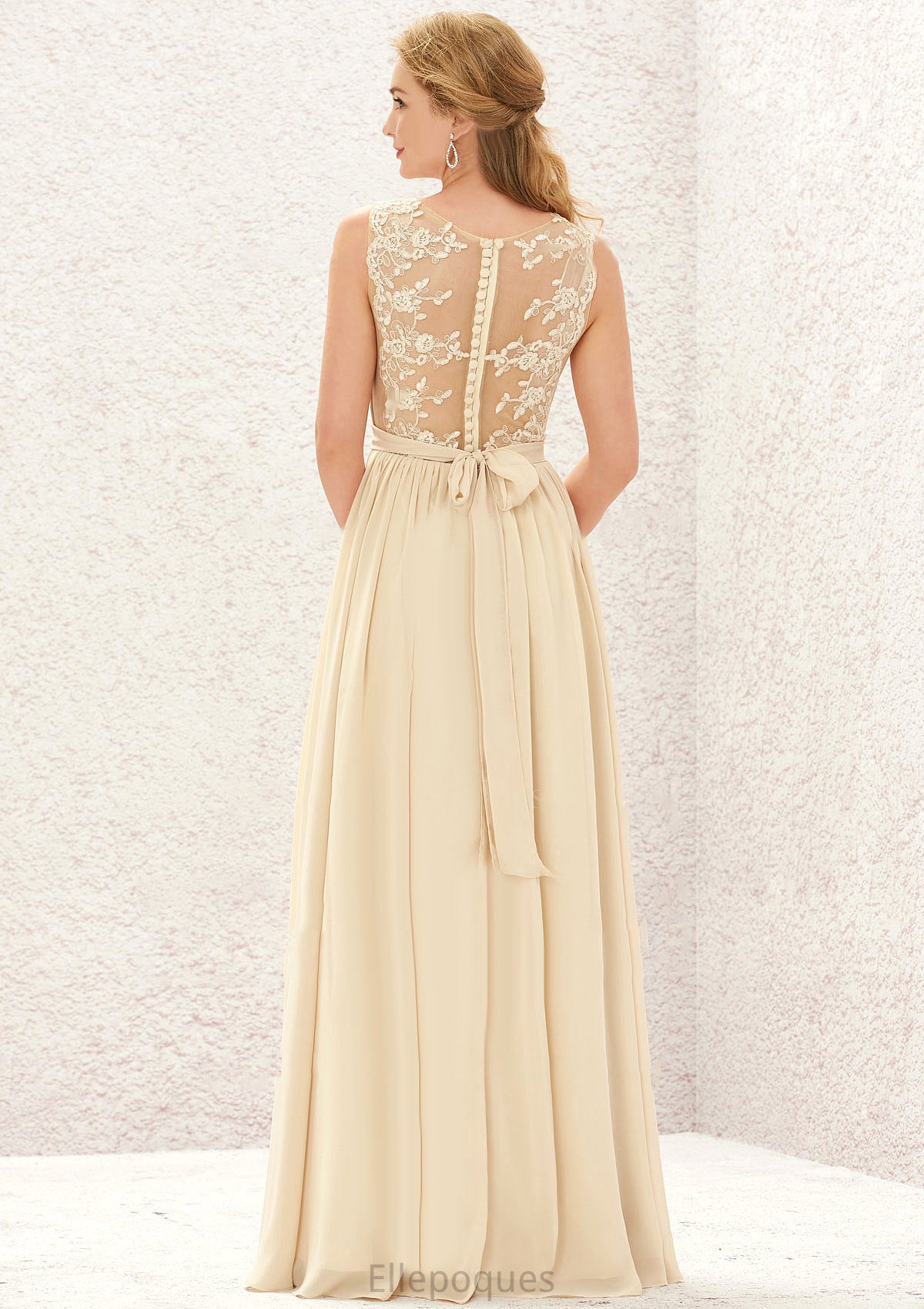 A-line V Neck Sleeveless Chiffon Long/Floor-Length Bridesmaid Dresses With Appliqued Sashes Pleated Anahi HOP0025630