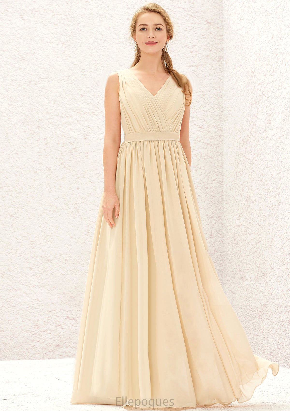 A-line V Neck Sleeveless Chiffon Long/Floor-Length Bridesmaid Dresses With Appliqued Sashes Pleated Anahi HOP0025630