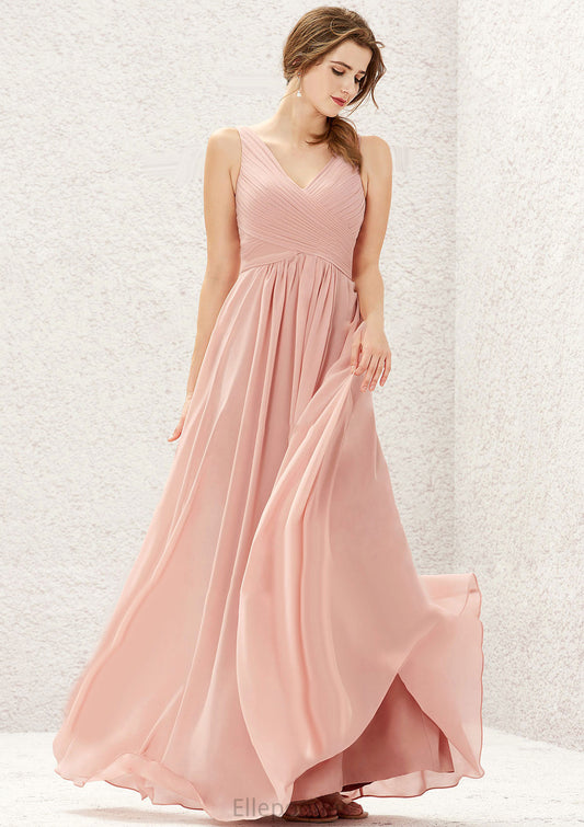A-line V Neck Sleeveless Chiffon Long/Floor-Length Bridesmaid Dresses With Pleated Tessa HOP0025632