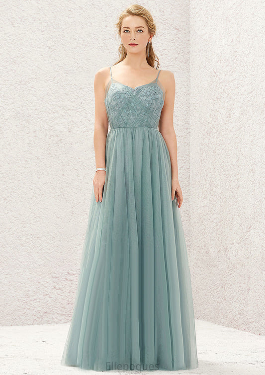 Princess A-line V Neck Sleeveless Tulle Long/Floor-Length Bridesmaid Dresses With Pleated Appliqued Sadie HOP0025633