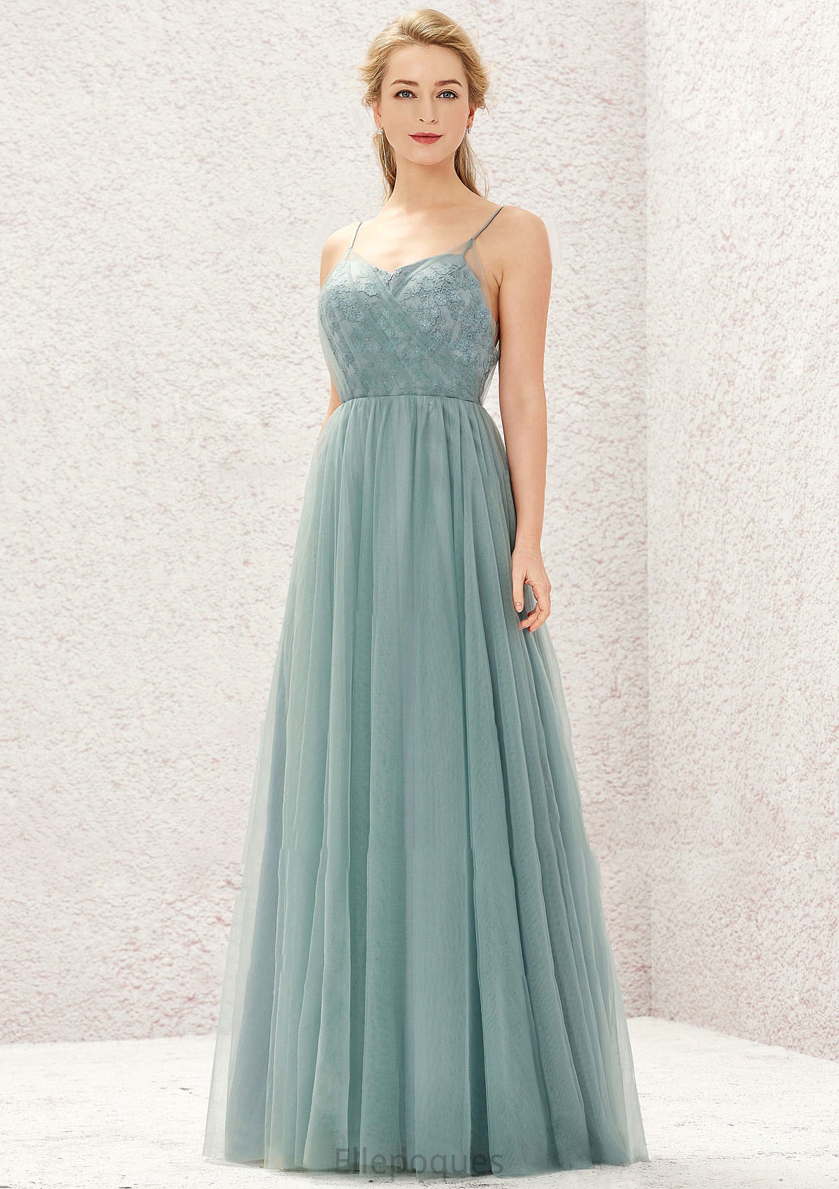 Princess A-line V Neck Sleeveless Tulle Long/Floor-Length Bridesmaid Dresses With Pleated Appliqued Sadie HOP0025633