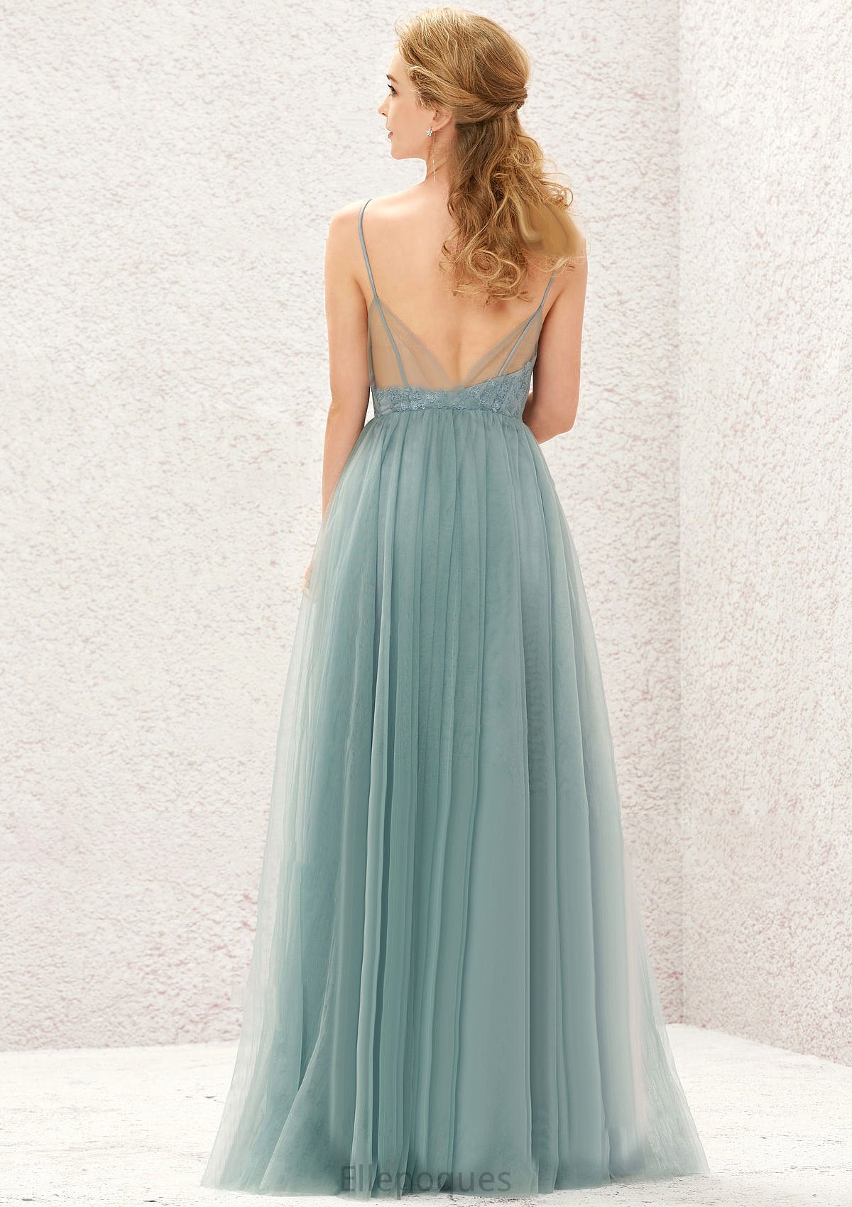 Princess A-line V Neck Sleeveless Tulle Long/Floor-Length Bridesmaid Dresses With Pleated Appliqued Sadie HOP0025633