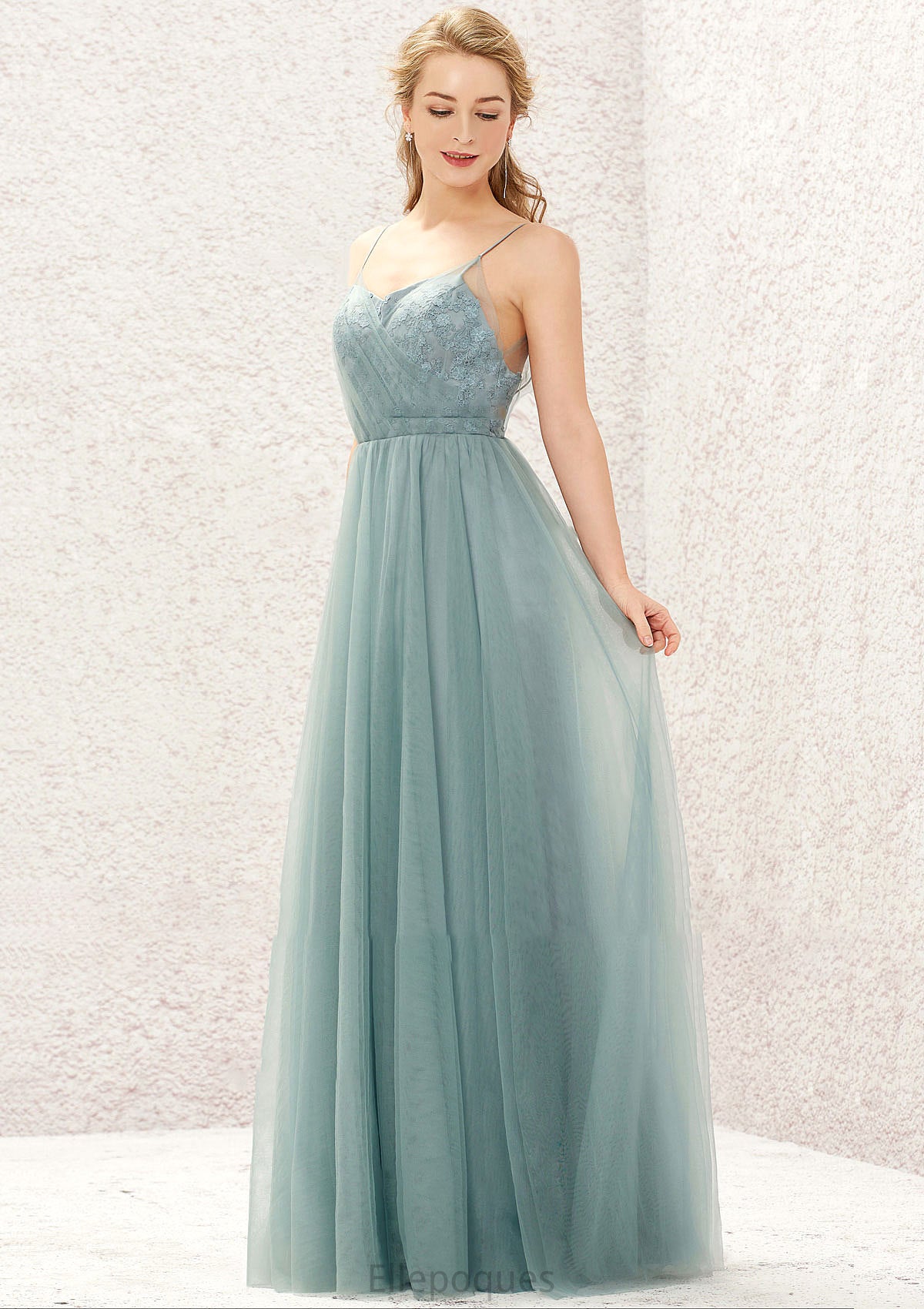 Princess A-line V Neck Sleeveless Tulle Long/Floor-Length Bridesmaid Dresses With Pleated Appliqued Sadie HOP0025633