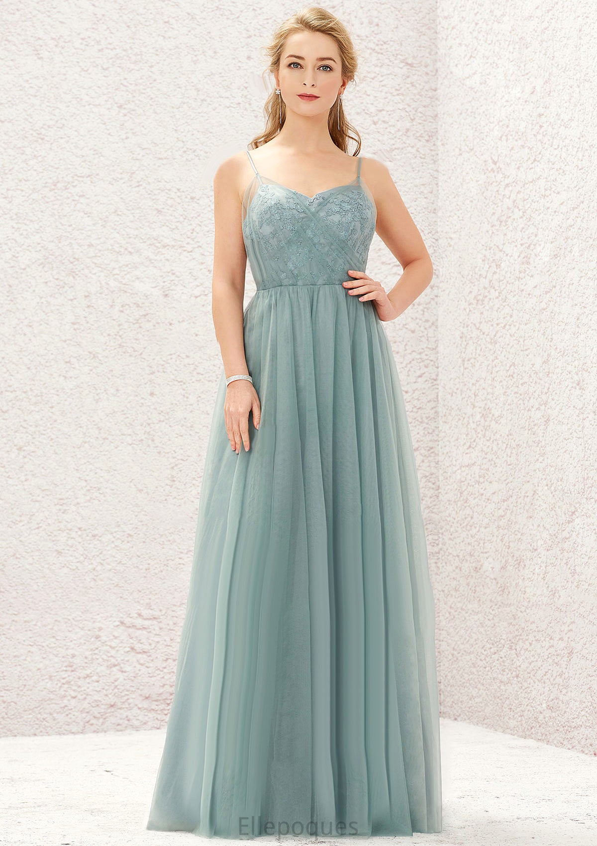 Princess A-line V Neck Sleeveless Tulle Long/Floor-Length Bridesmaid Dresses With Pleated Appliqued Sadie HOP0025633