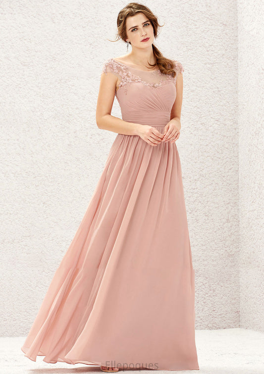 A-line Illusion Neck Sleeveless Chiffon Long/Floor-Length Bridesmaid Dresses With Appliqued Pleated Martina HOP0025636