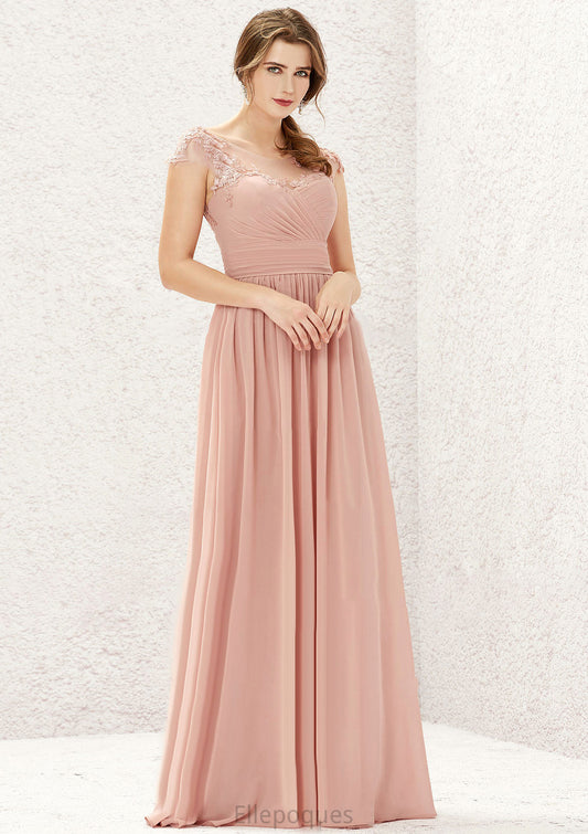 A-line Illusion Neck Sleeveless Chiffon Long/Floor-Length Bridesmaid Dresses With Appliqued Pleated Martina HOP0025636