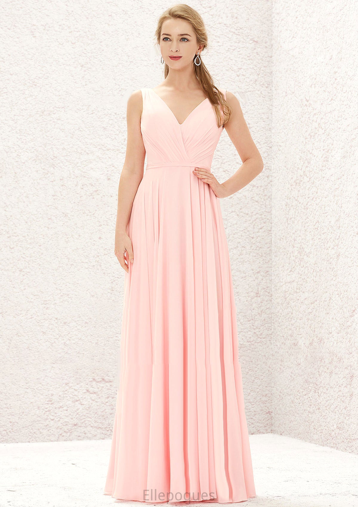 A-line V Neck Sleeveless Chiffon Long/Floor-Length Bridesmaid Dresses With Pleated Kate HOP0025637