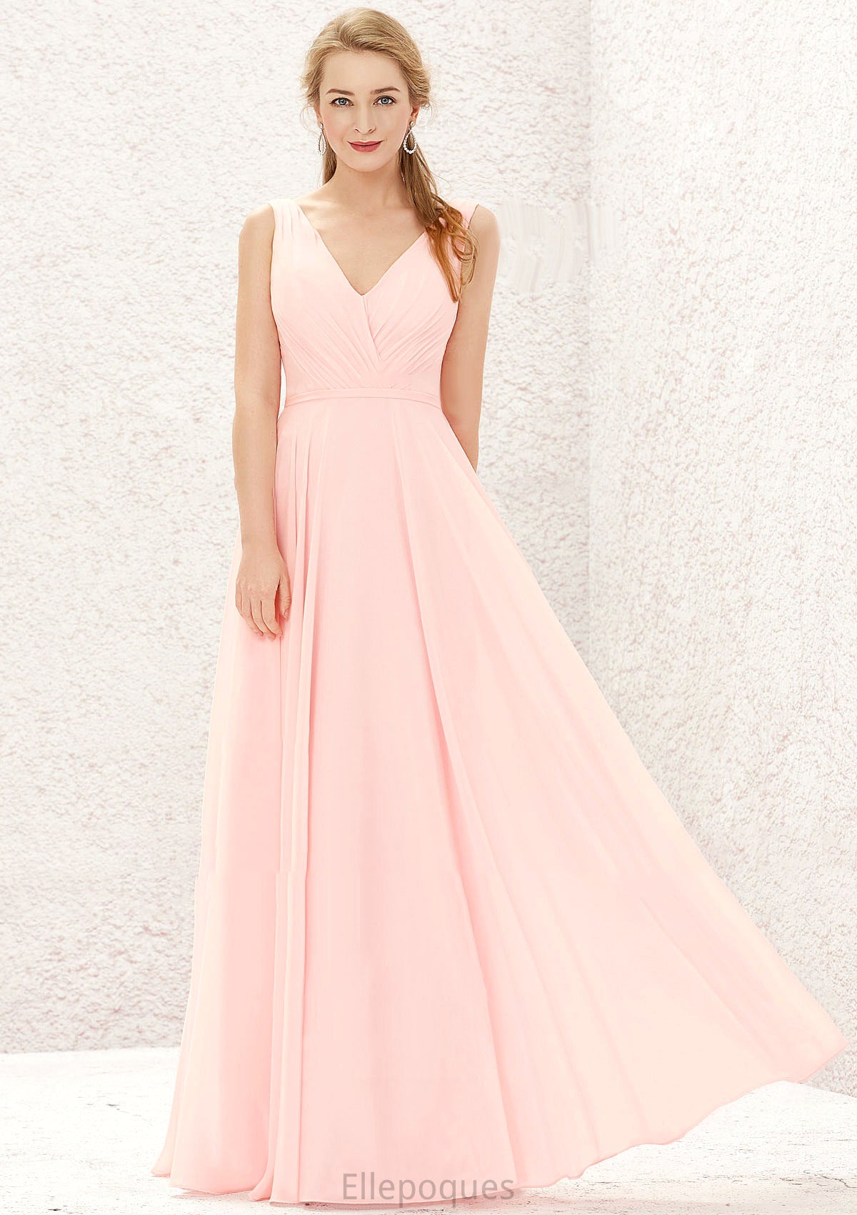 A-line V Neck Sleeveless Chiffon Long/Floor-Length Bridesmaid Dresses With Pleated Kate HOP0025637