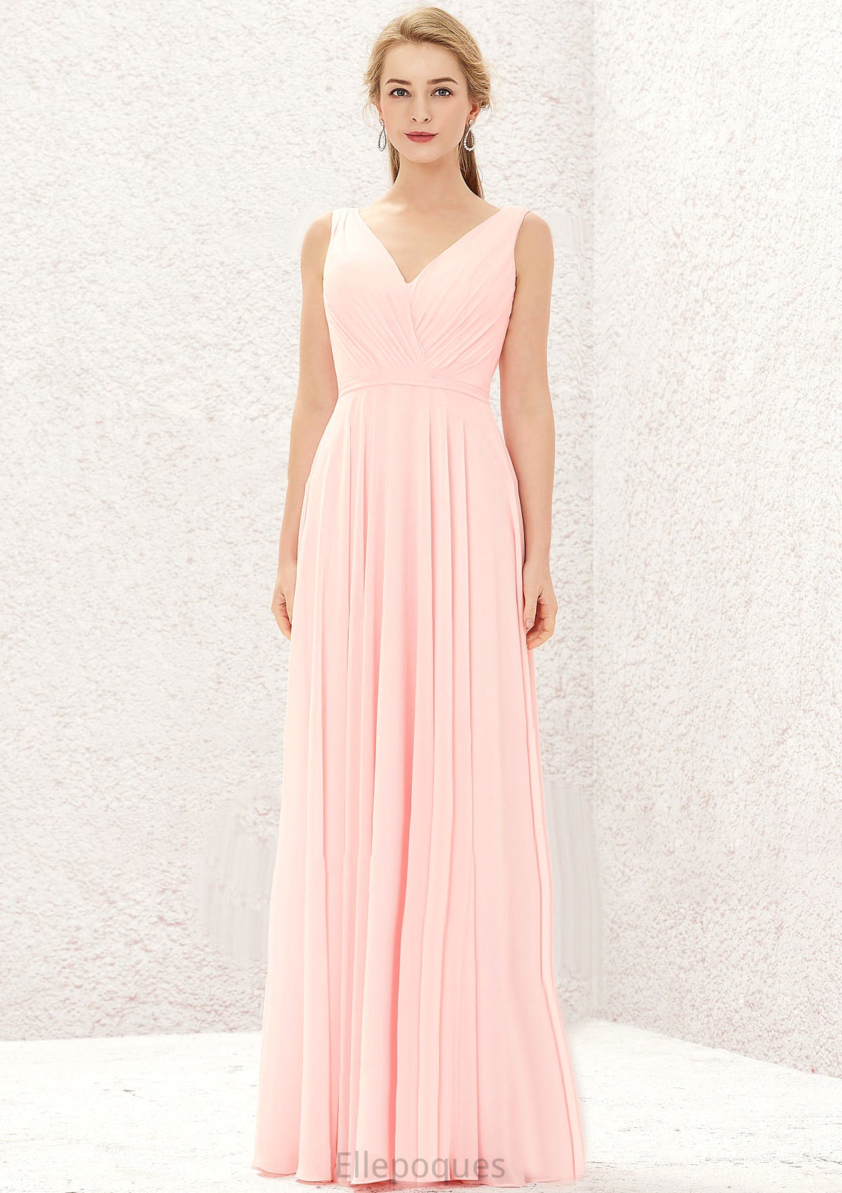 A-line V Neck Sleeveless Chiffon Long/Floor-Length Bridesmaid Dresses With Pleated Kate HOP0025637