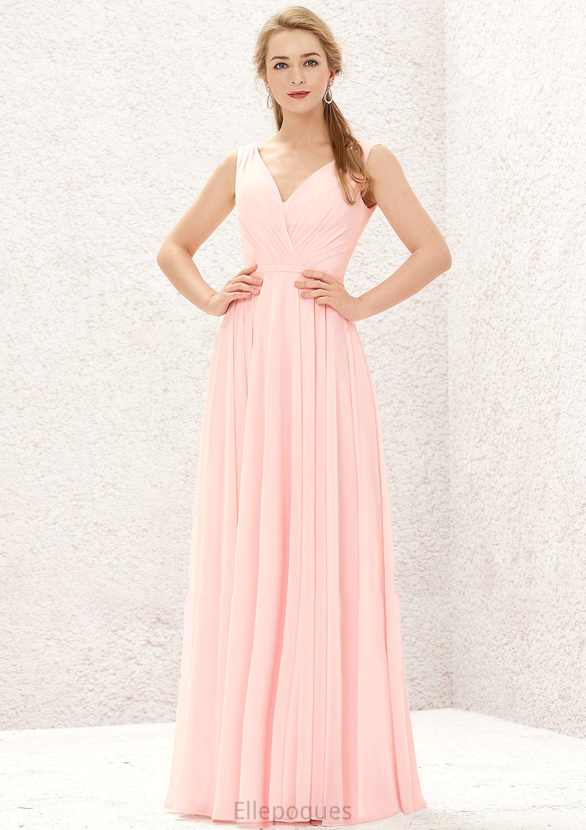 A-line V Neck Sleeveless Chiffon Long/Floor-Length Bridesmaid Dresses With Pleated Kate HOP0025637