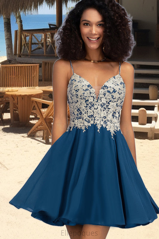 Thalia A-line V-Neck Short/Mini Chiffon Lace Homecoming Dress With Beading HOP0020572