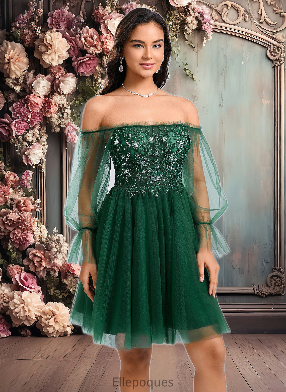 Cassie A-line Off the Shoulder Short Tulle Homecoming Dress With Sequins Appliques Lace HOP0025663