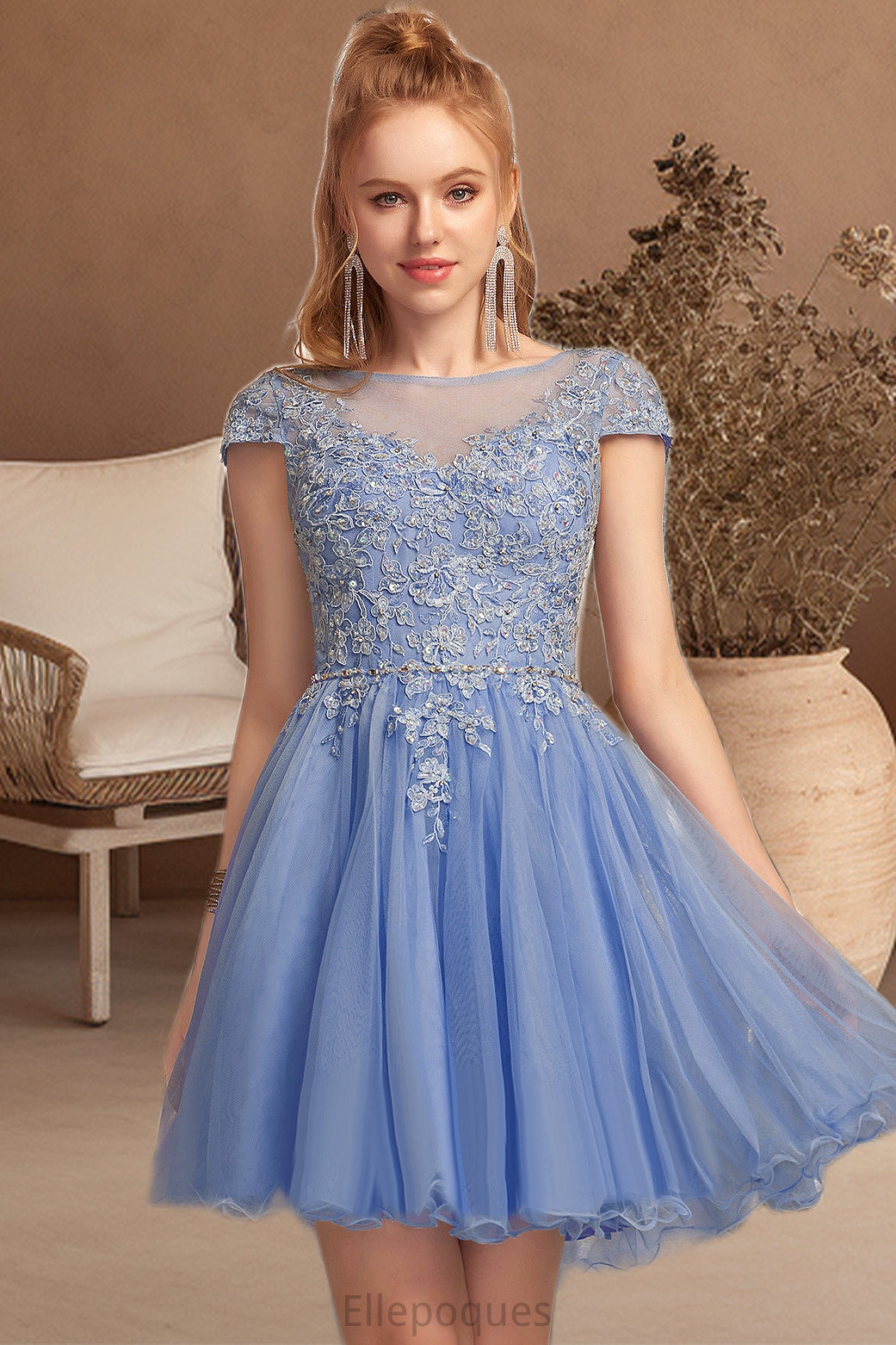 Teresa A-line Scoop Short/Mini Tulle Homecoming Dress With Beading Appliques Lace HOP0020547