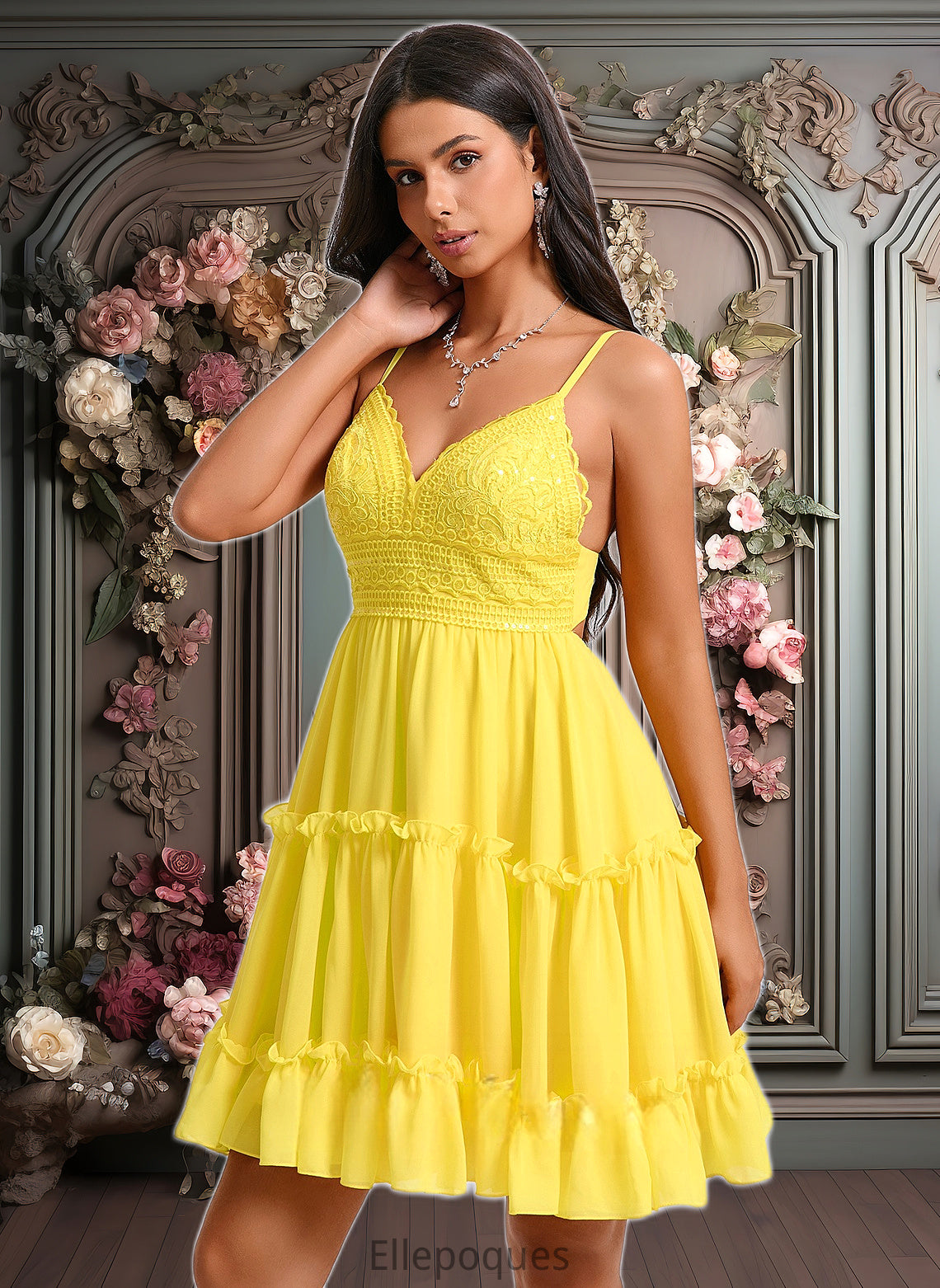 Esther A-line V-Neck Short Chiffon Homecoming Dress With Ruffle Sequins HOP0025700