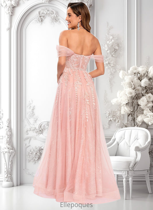 Reese A-line Sweetheart Off the Shoulder Floor-Length Tulle Floral Lace Prom Dresses With Appliques Lace HOP0025870